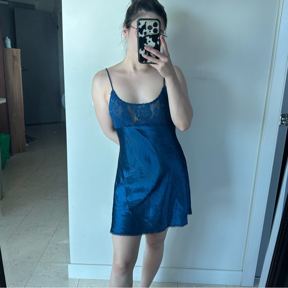 Stunning Vintage Navy Satin & Lace Slip Mini Dress